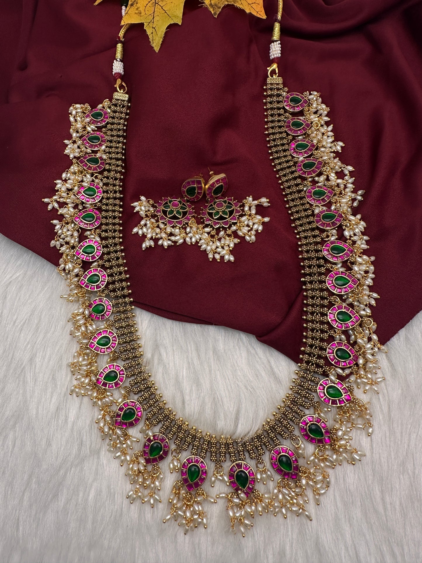 Jadau Kundan Potta Stones Long  Guttapusalu Rice Pearls Matte Antique Necklace - 