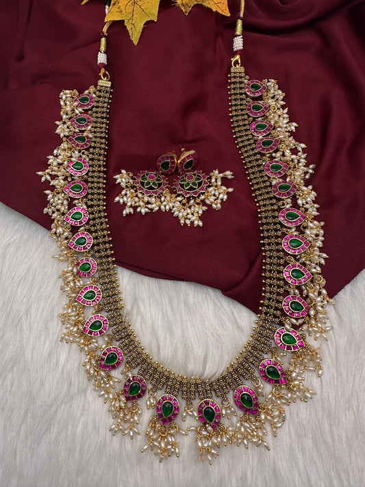 Jadau Kundan Potta Stones Long  Guttapusalu Rice Pearls Matte Antique Necklace - 