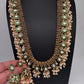Jadau Kundan Green Potta Stones Long  Guttapusalu Rice Pearls Matte Antique Necklace - 