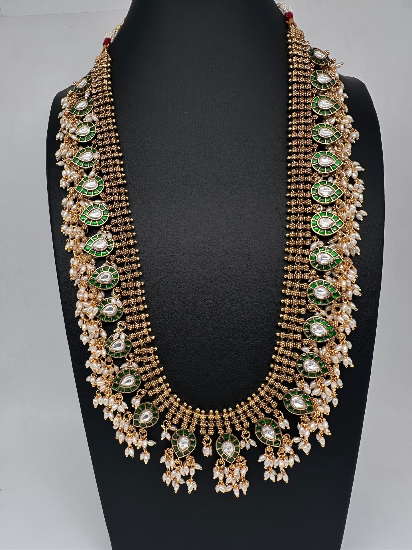Jadau Kundan Green Potta Stones Long  Guttapusalu Rice Pearls Matte Antique Necklace - 