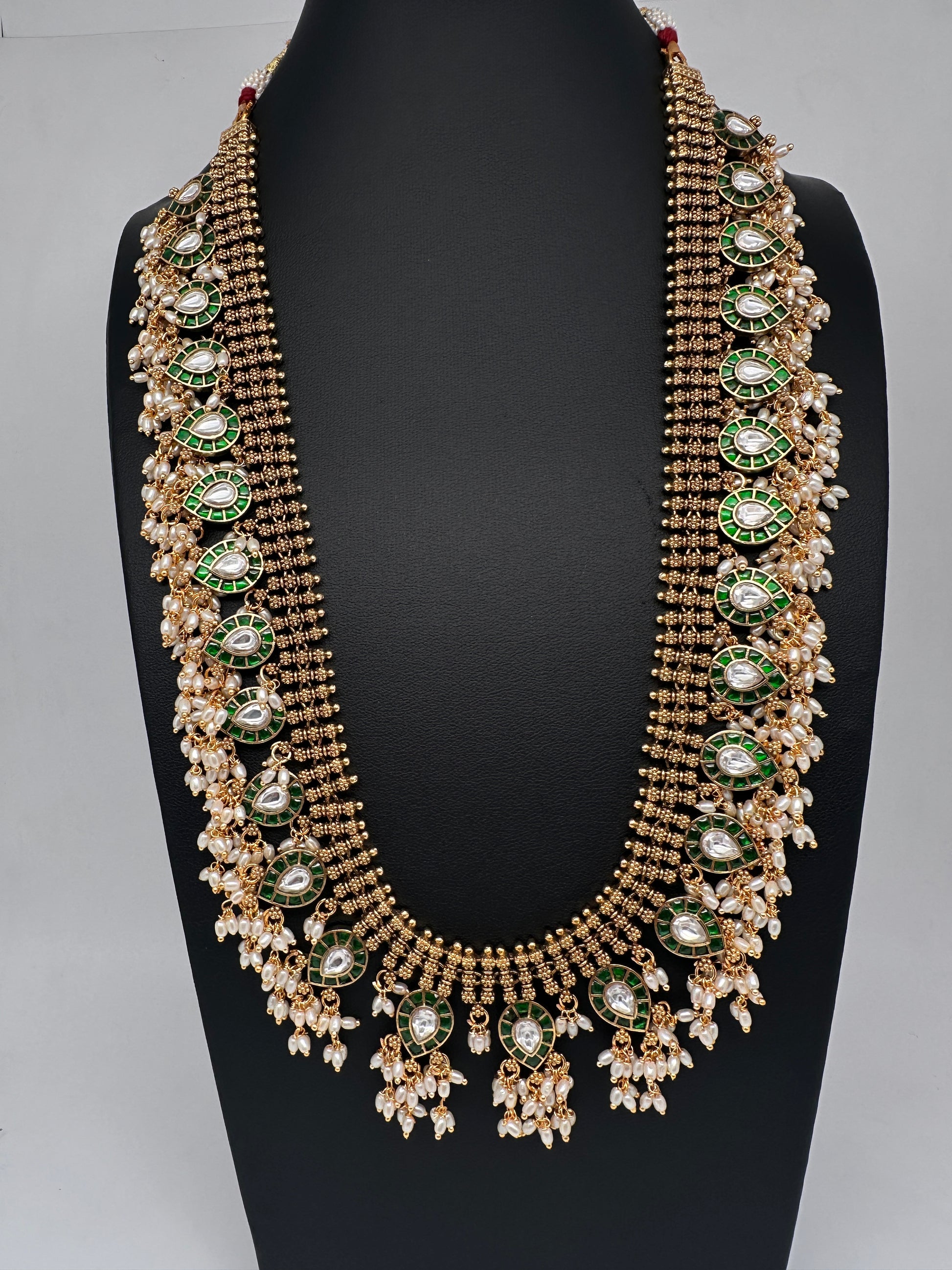 Jadau Kundan Green Potta Stones Long  Guttapusalu Rice Pearls Matte Antique Necklace - 
