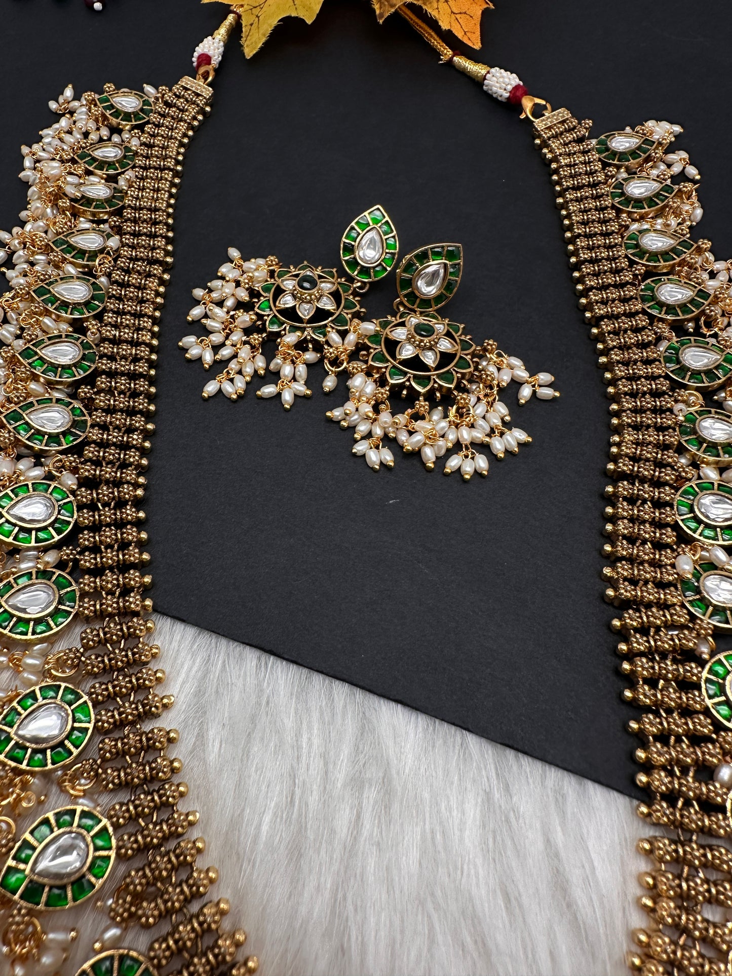 Jadau Kundan Green Potta Stones Long  Guttapusalu Rice Pearls Matte Antique Necklace - 