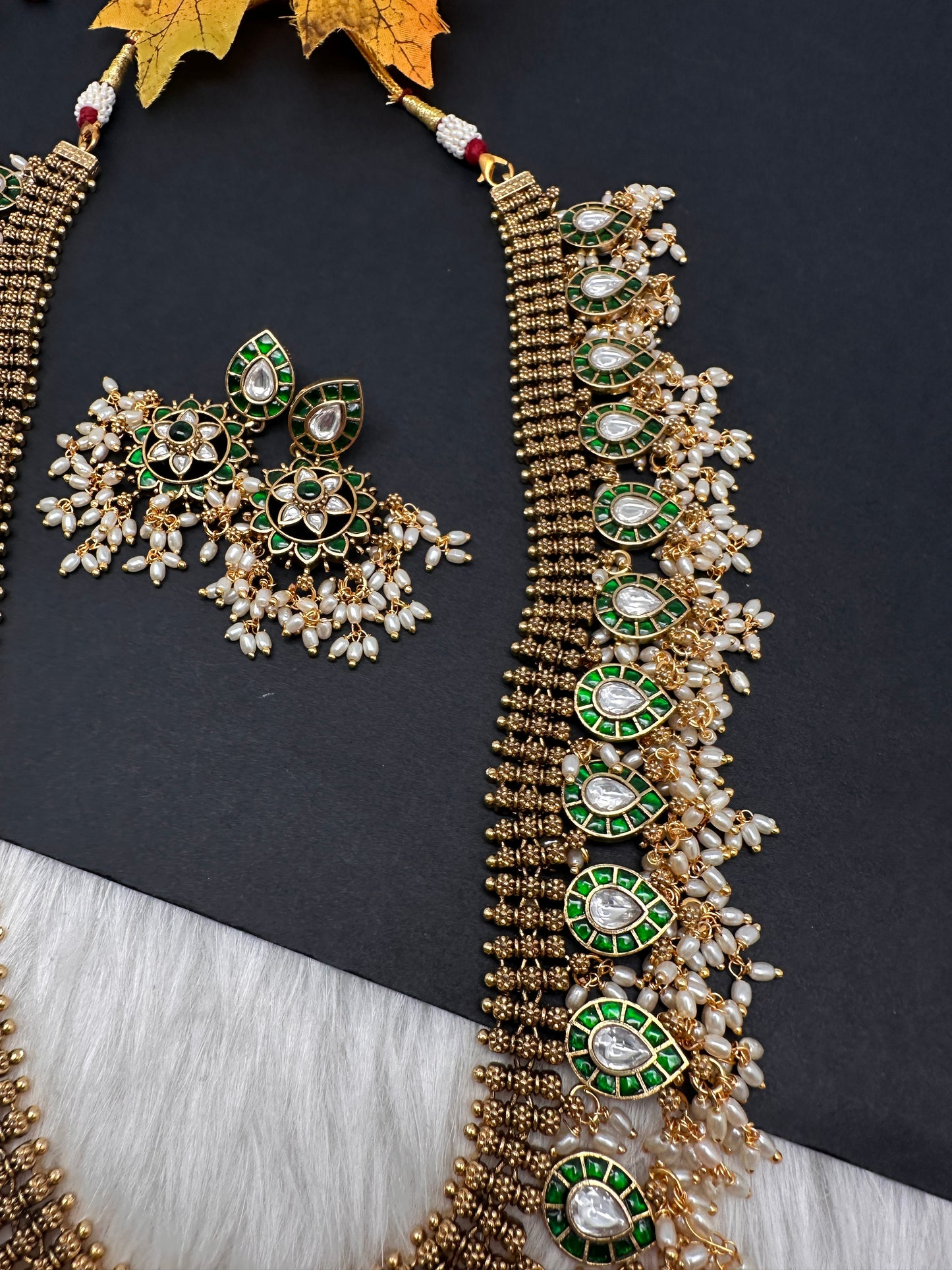 Jadau Kundan Green Potta Stones Long  Guttapusalu Rice Pearls Matte Antique Necklace - 