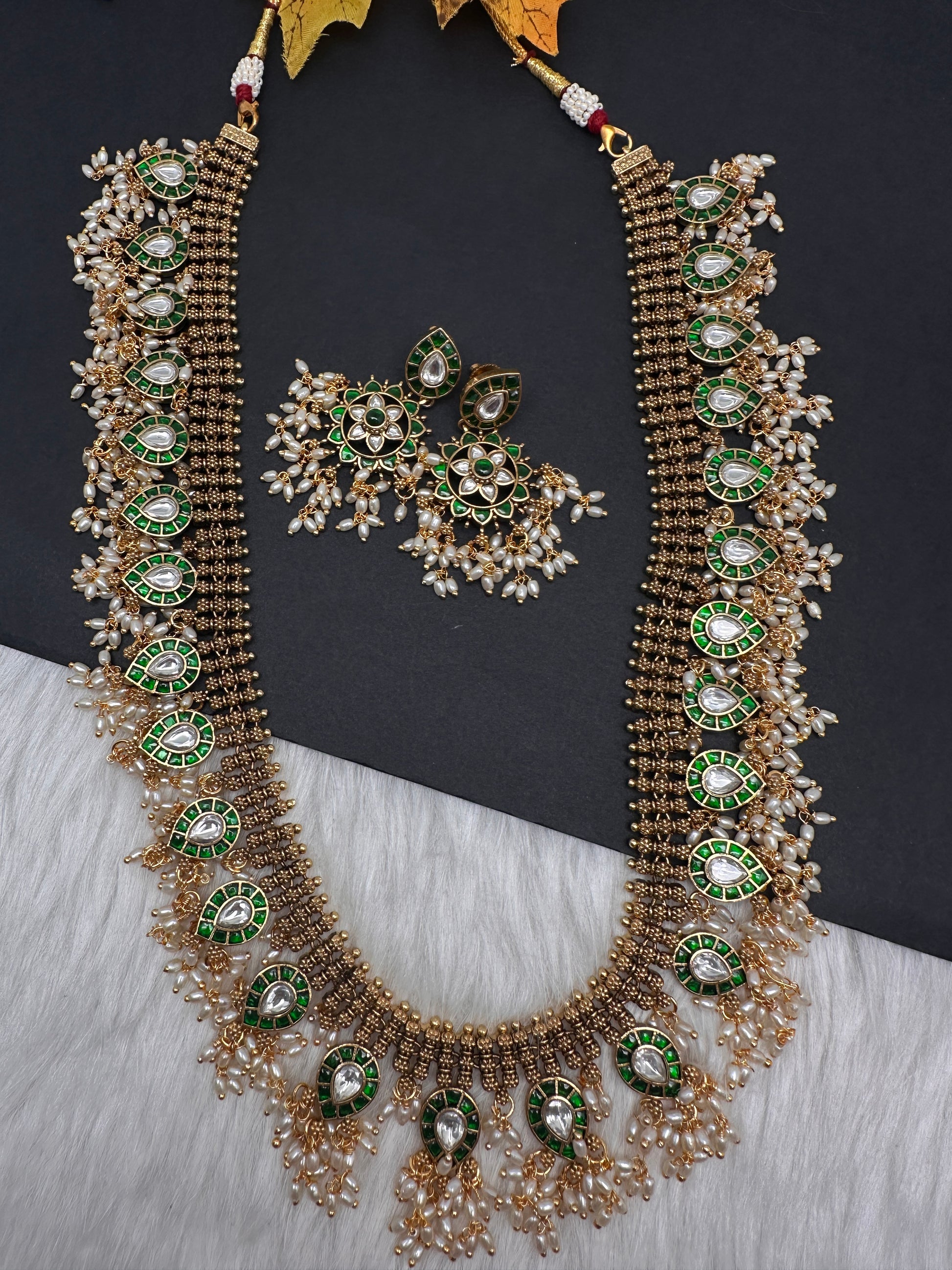 Jadau Kundan Green Potta Stones Long  Guttapusalu Rice Pearls Matte Antique Necklace - 