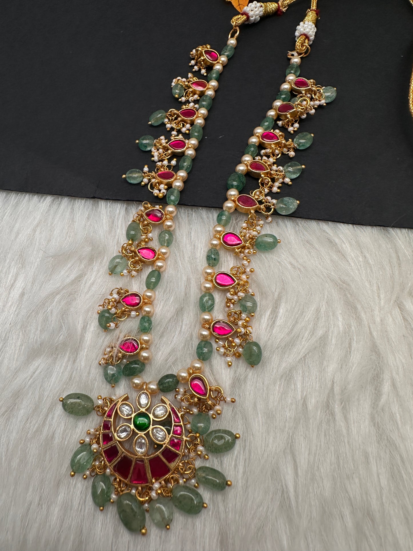 Jadau Kundan Floral Emerald Beads and Pearls Short Necklace - 