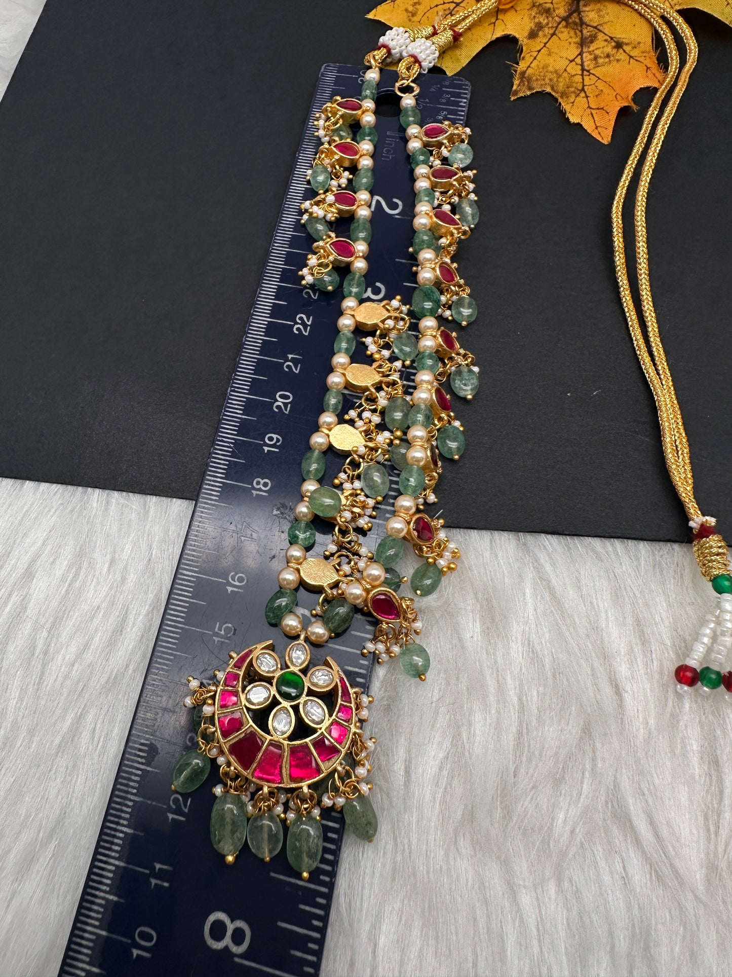 Jadau Kundan Floral Emerald Beads and Pearls Short Necklace - 