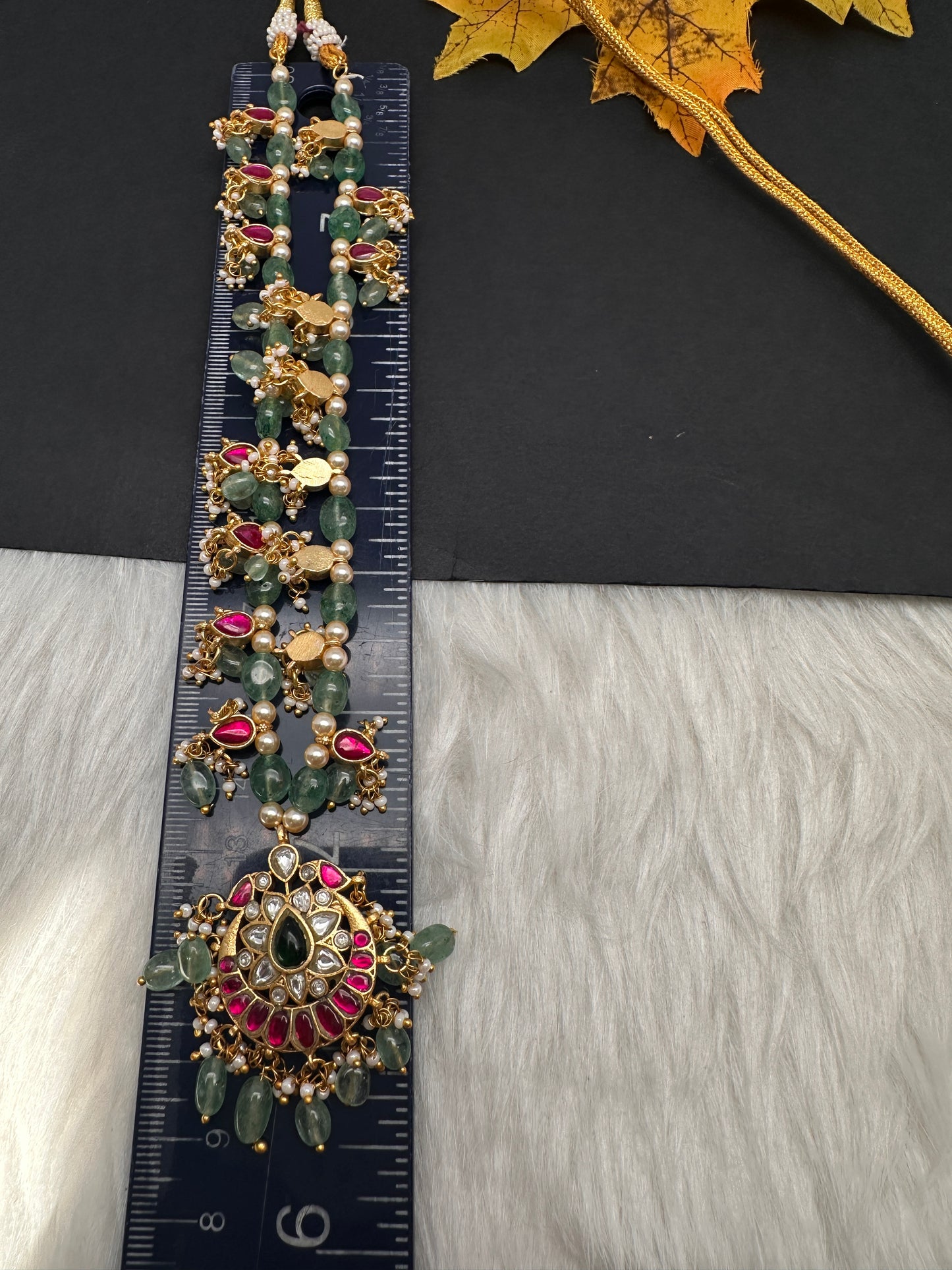Jadau Kundan Emerald Beads and Pearls Short Necklace - 