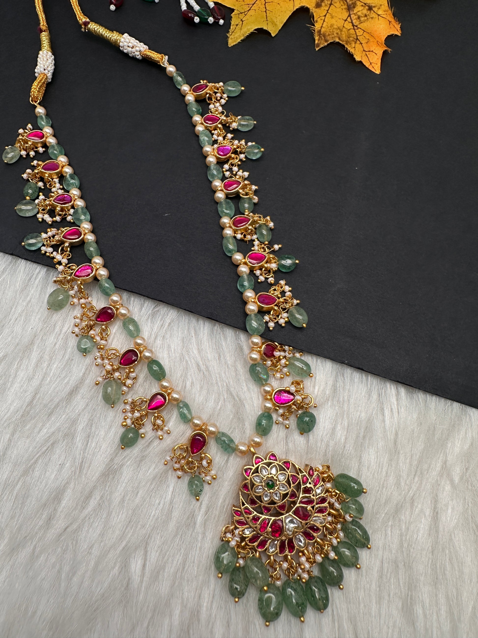 Jadau Kundan Floral Emerald Beads and Pearls Short Necklace - 