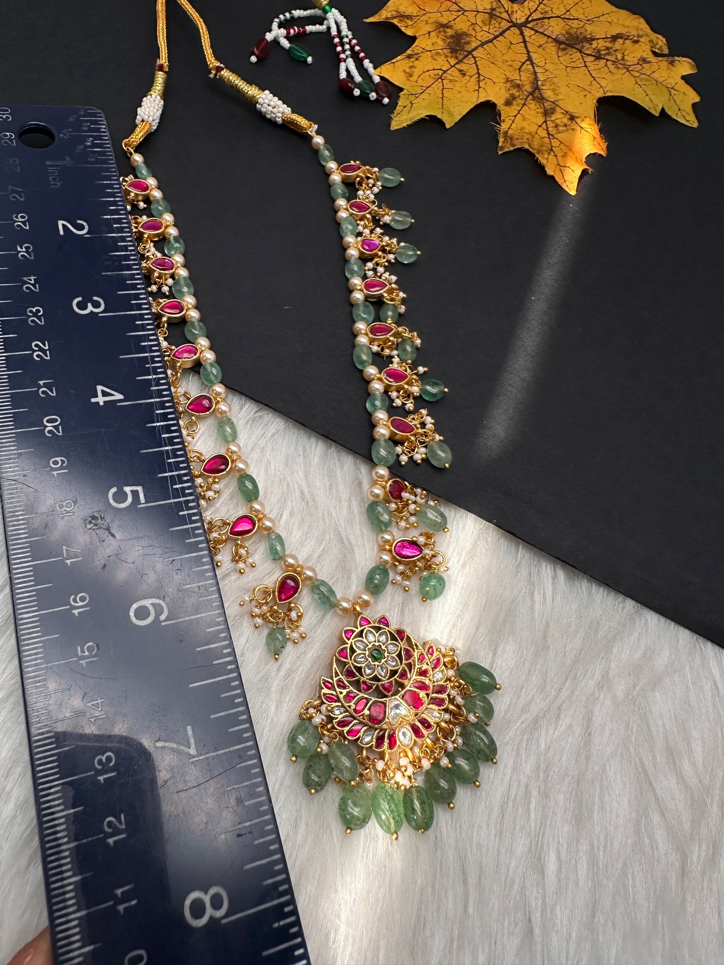 Jadau Kundan Floral Emerald Beads and Pearls Short Necklace - 
