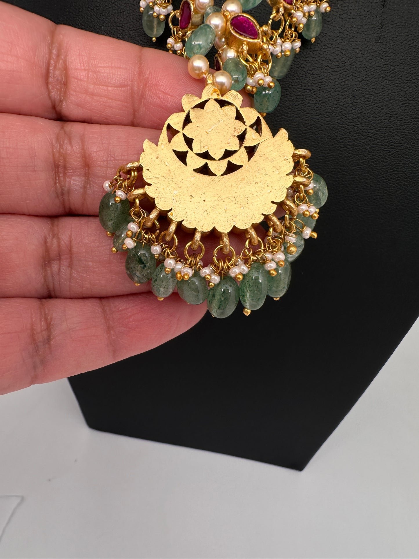 Jadau Kundan Floral Emerald Beads and Pearls Short Necklace - 
