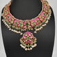 Jadau Kundan Neckline Necklace with Emerald Beads and Rice Pearls - 