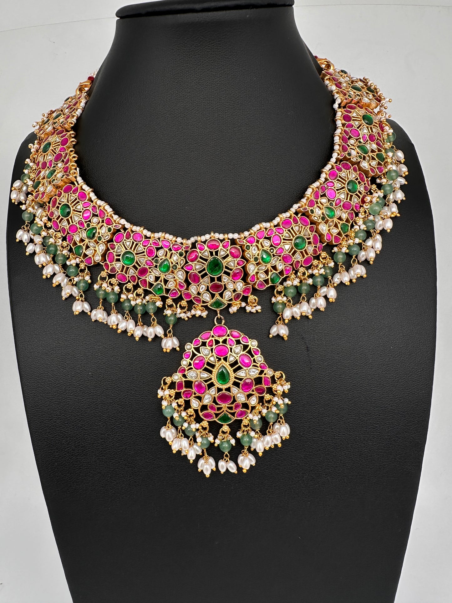 Jadau Kundan Neckline Necklace with Emerald Beads and Rice Pearls - 