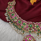 Jadau Kundan Neckline Necklace with Emerald Beads and Rice Pearls - 