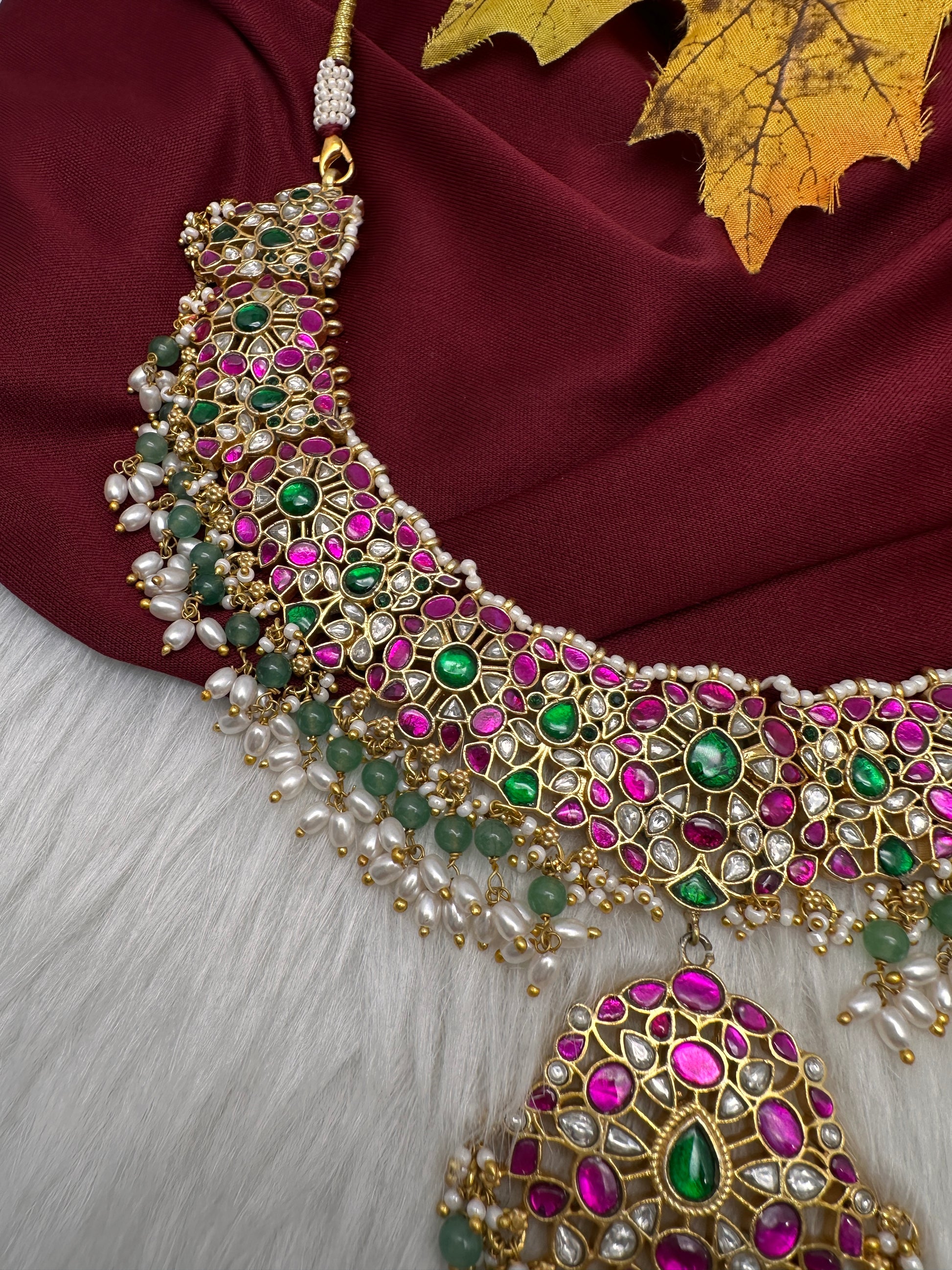 Jadau Kundan Neckline Necklace with Emerald Beads and Rice Pearls - 