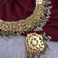 Jadau Kundan Neckline Necklace with Emerald Beads and Rice Pearls - 