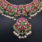 Jadau Kundan Neckline Necklace with Emerald Beads and Rice Pearls - 