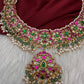 Jadau Kundan Neckline Necklace with Emerald Beads and Rice Pearls - 