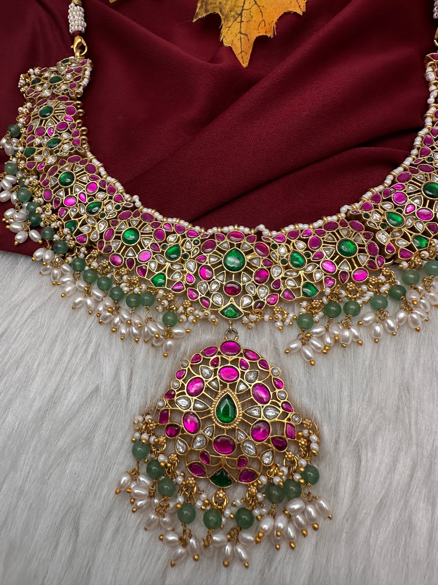 Jadau Kundan Neckline Necklace with Emerald Beads and Rice Pearls - 