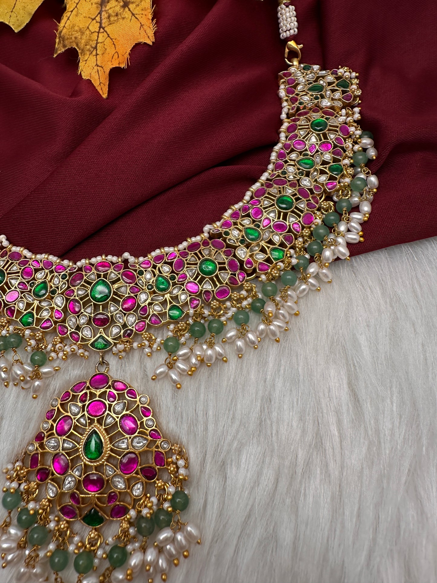 Jadau Kundan Neckline Necklace with Emerald Beads and Rice Pearls - 