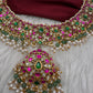 Jadau Kundan Neckline Necklace with Emerald Beads and Rice Pearls - 