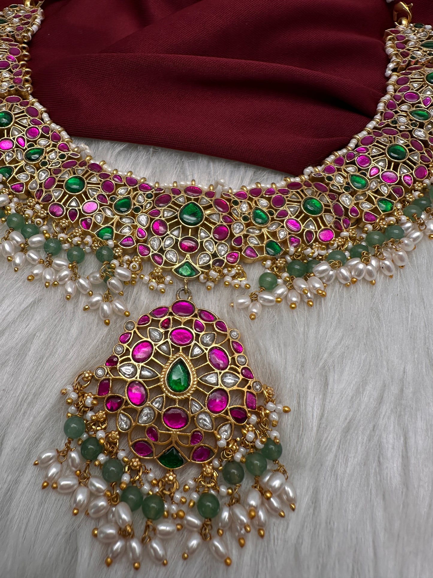 Jadau Kundan Neckline Necklace with Emerald Beads and Rice Pearls - 