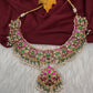 Jadau Kundan Neckline Necklace with Emerald Beads and Rice Pearls - 