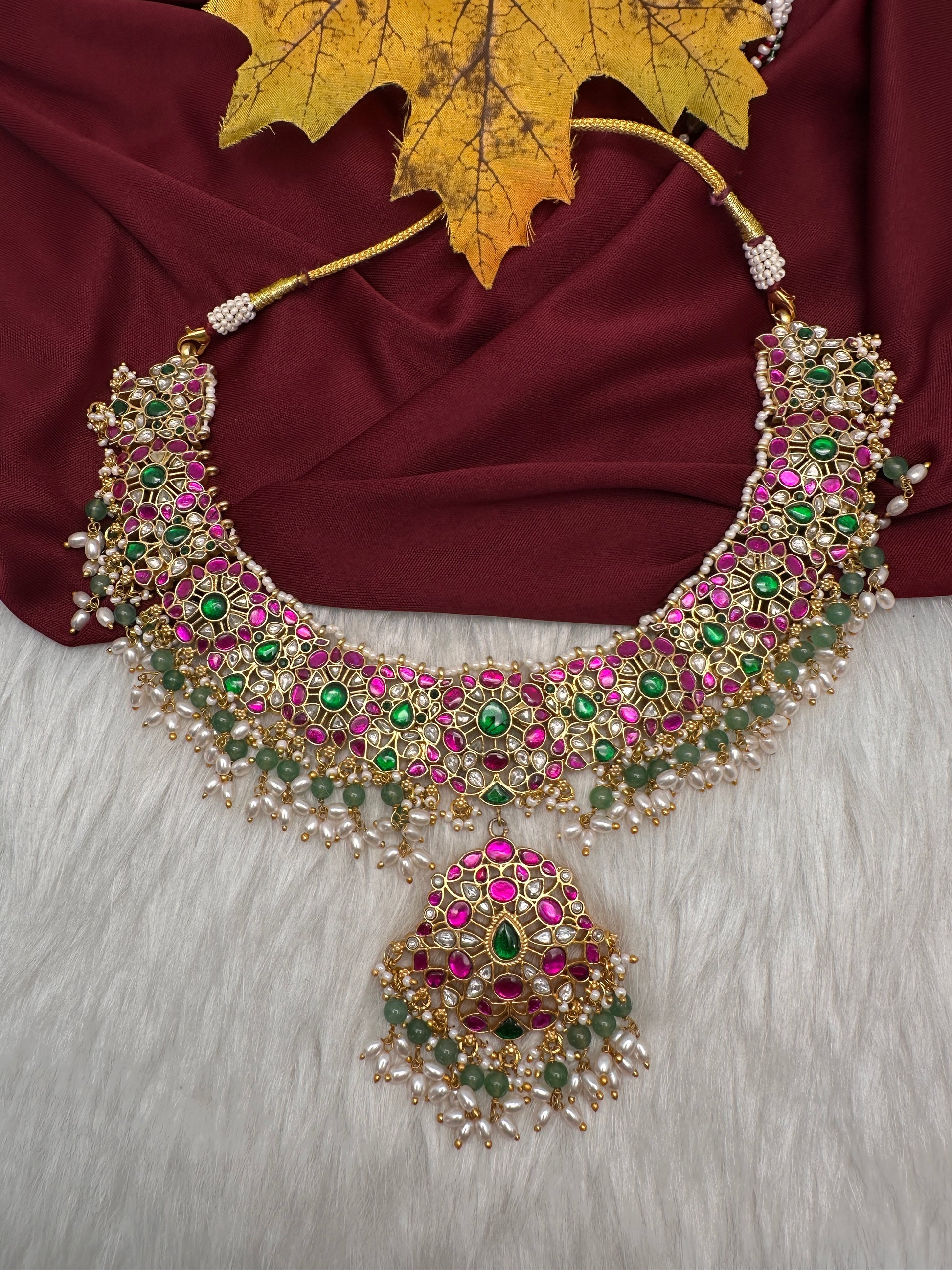 Jadau Kundan Neckline Necklace with Emerald Beads and Rice Pearls - 