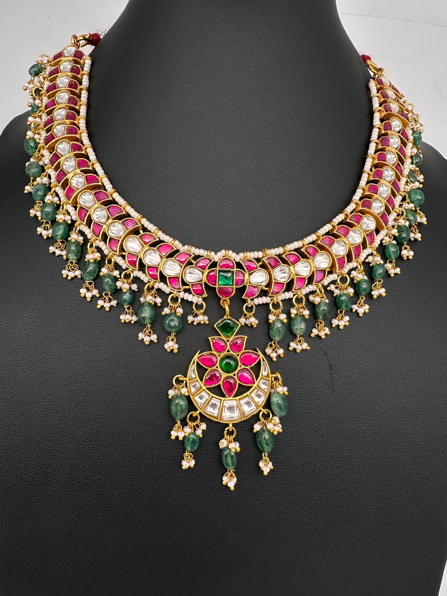 Jadau Kundan Neckline Necklace with Emerald Beads - 