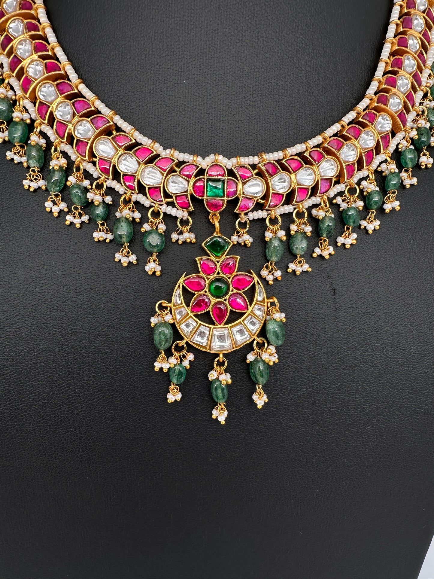Jadau Kundan Neckline Necklace with Emerald Beads - 