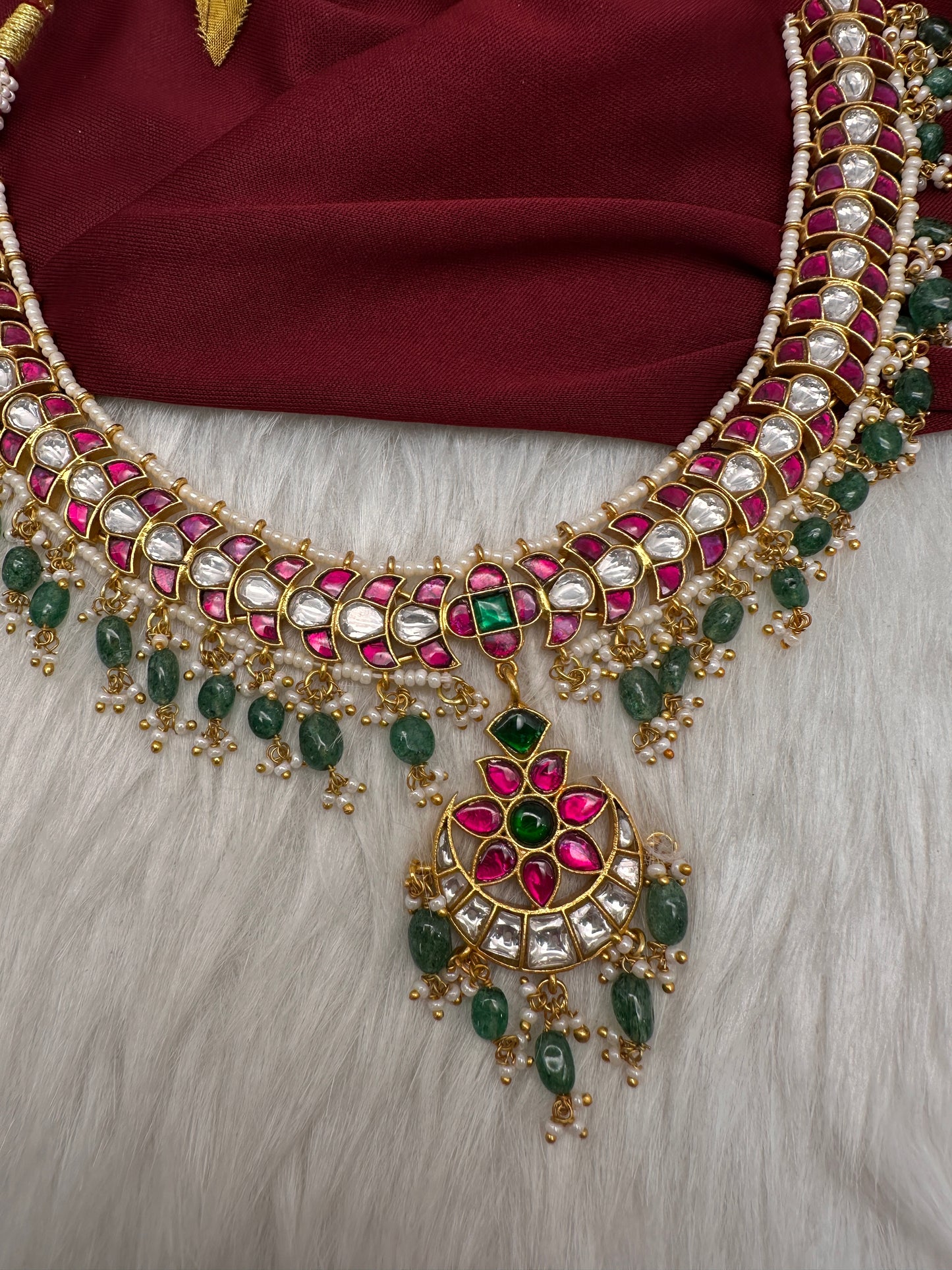 Jadau Kundan Neckline Necklace with Emerald Beads - 