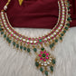 Jadau Kundan Neckline Necklace with Emerald Beads - 
