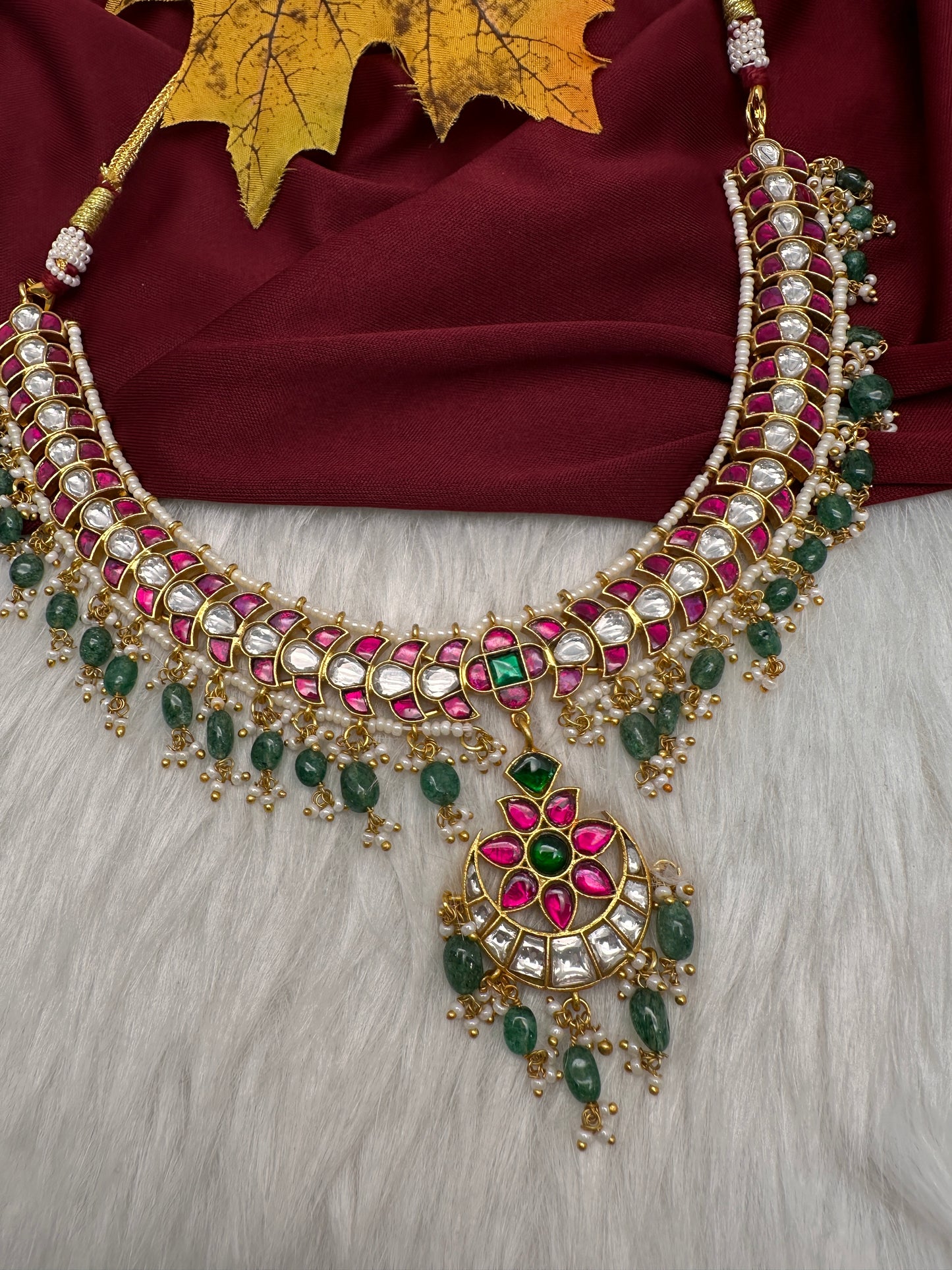 Jadau Kundan Neckline Necklace with Emerald Beads - 