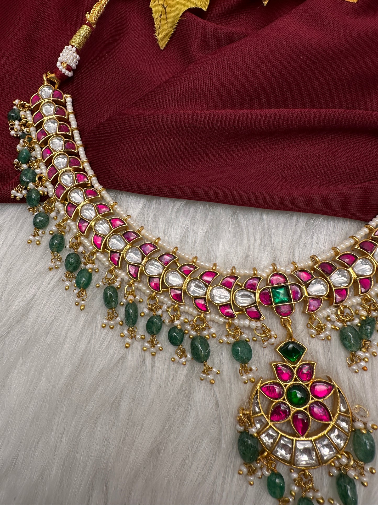 Jadau Kundan Neckline Necklace with Emerald Beads - 