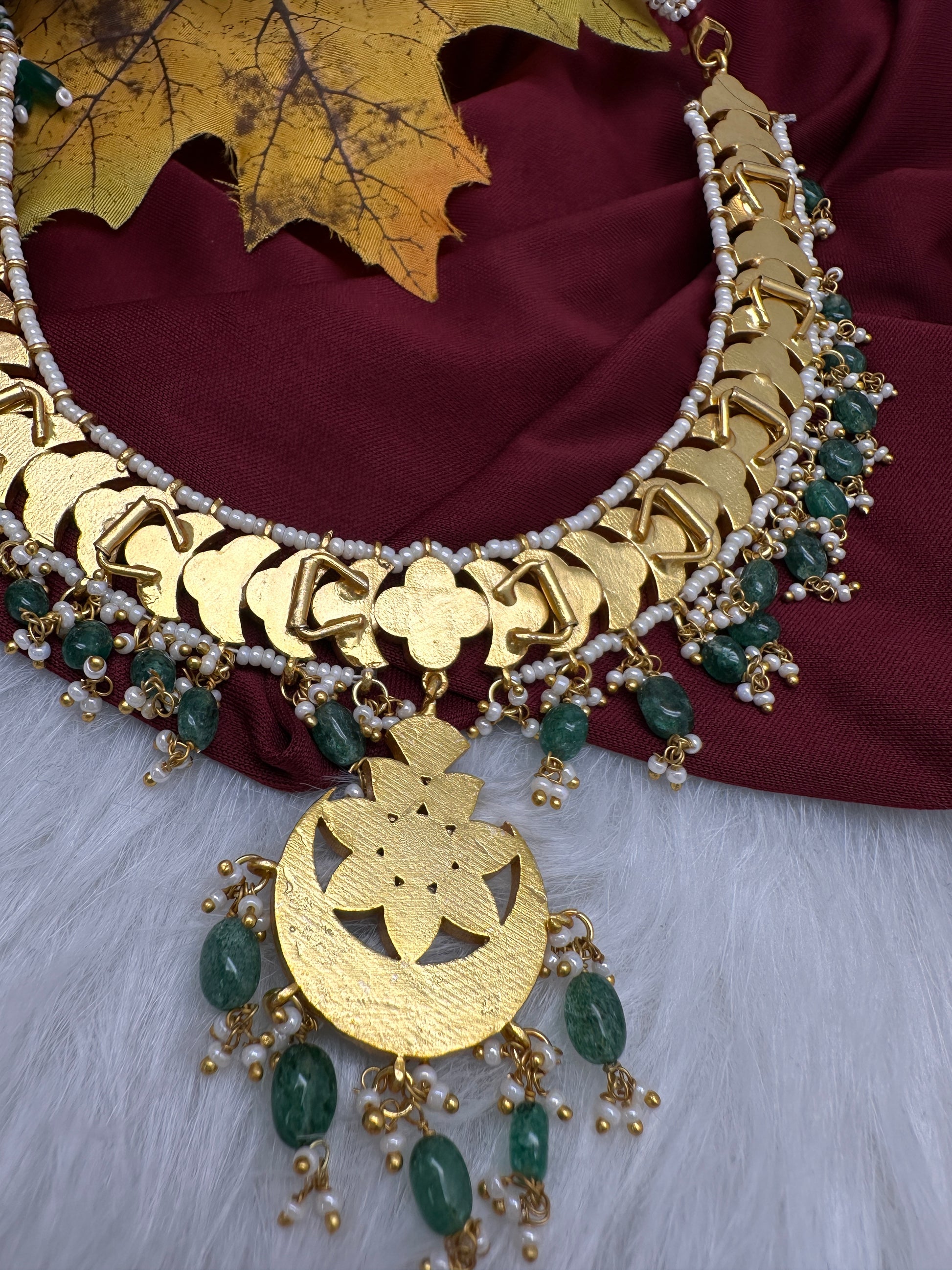 Jadau Kundan Neckline Necklace with Emerald Beads - 