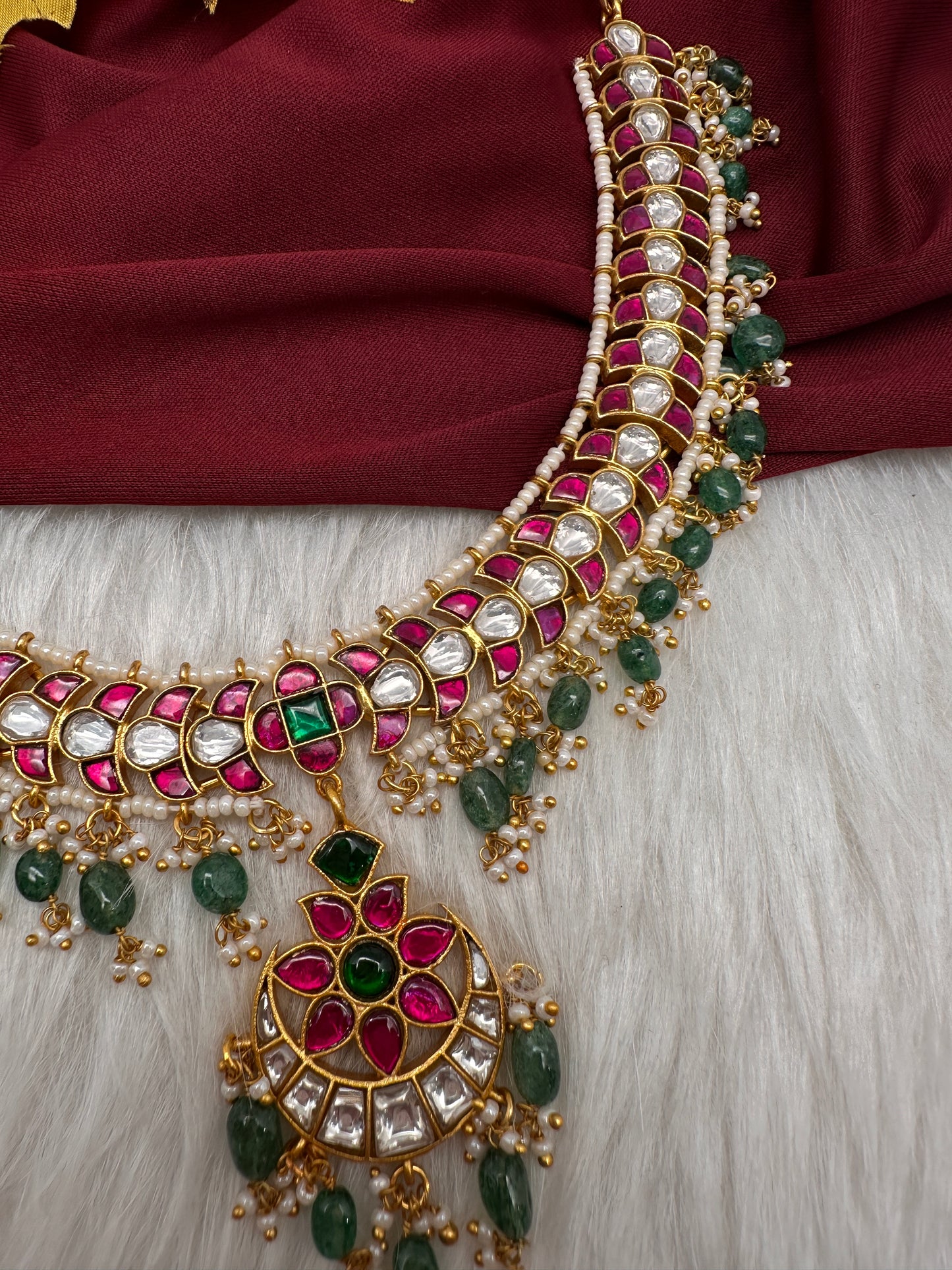 Jadau Kundan Neckline Necklace with Emerald Beads - 