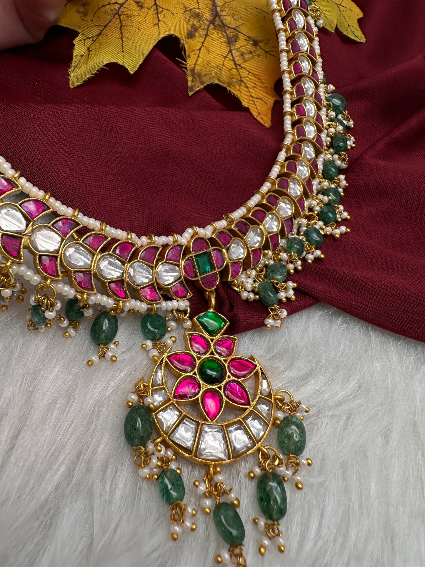 Jadau Kundan Neckline Necklace with Emerald Beads - 