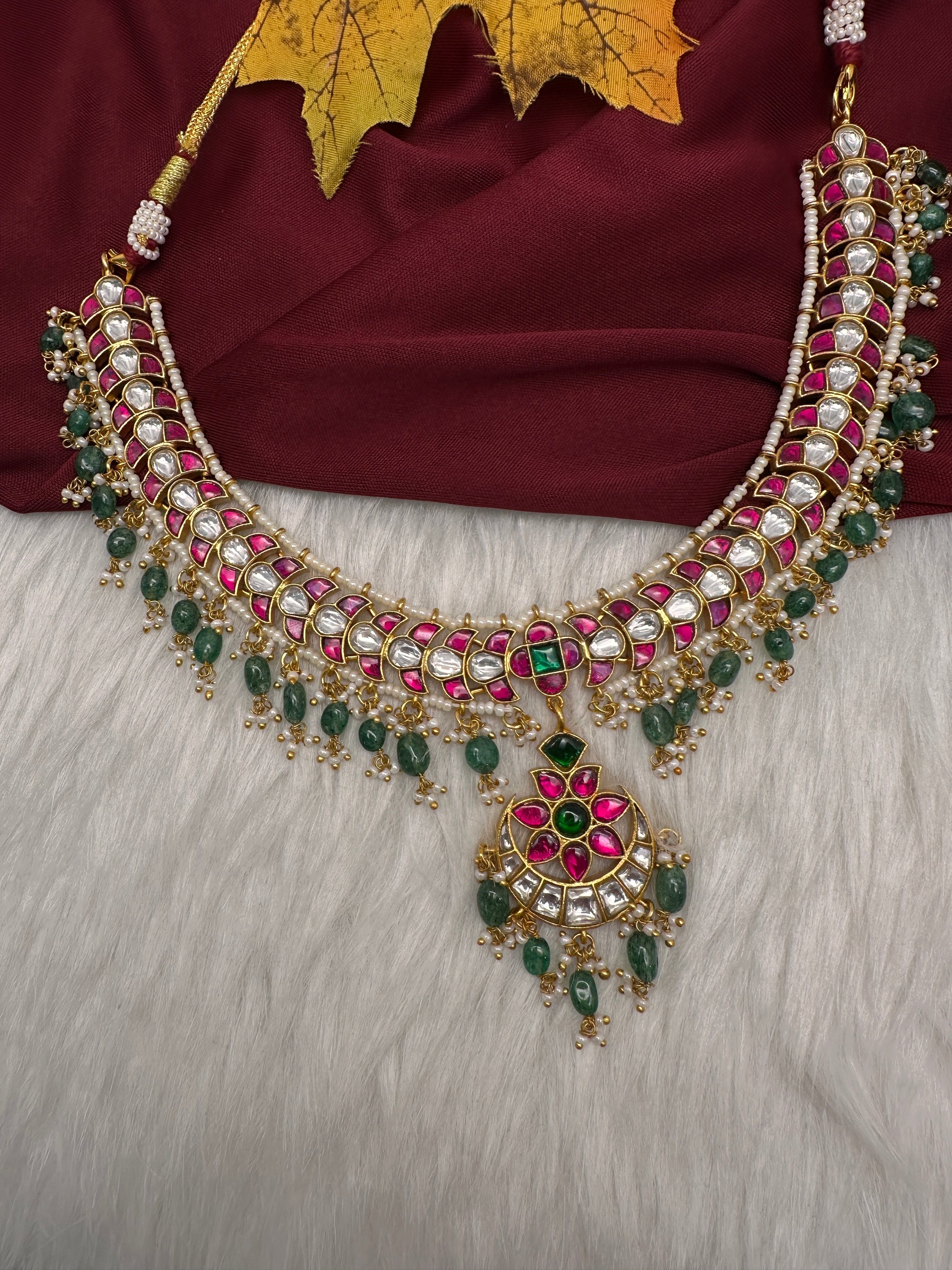 Jadau Kundan Neckline Necklace with Emerald Beads - 