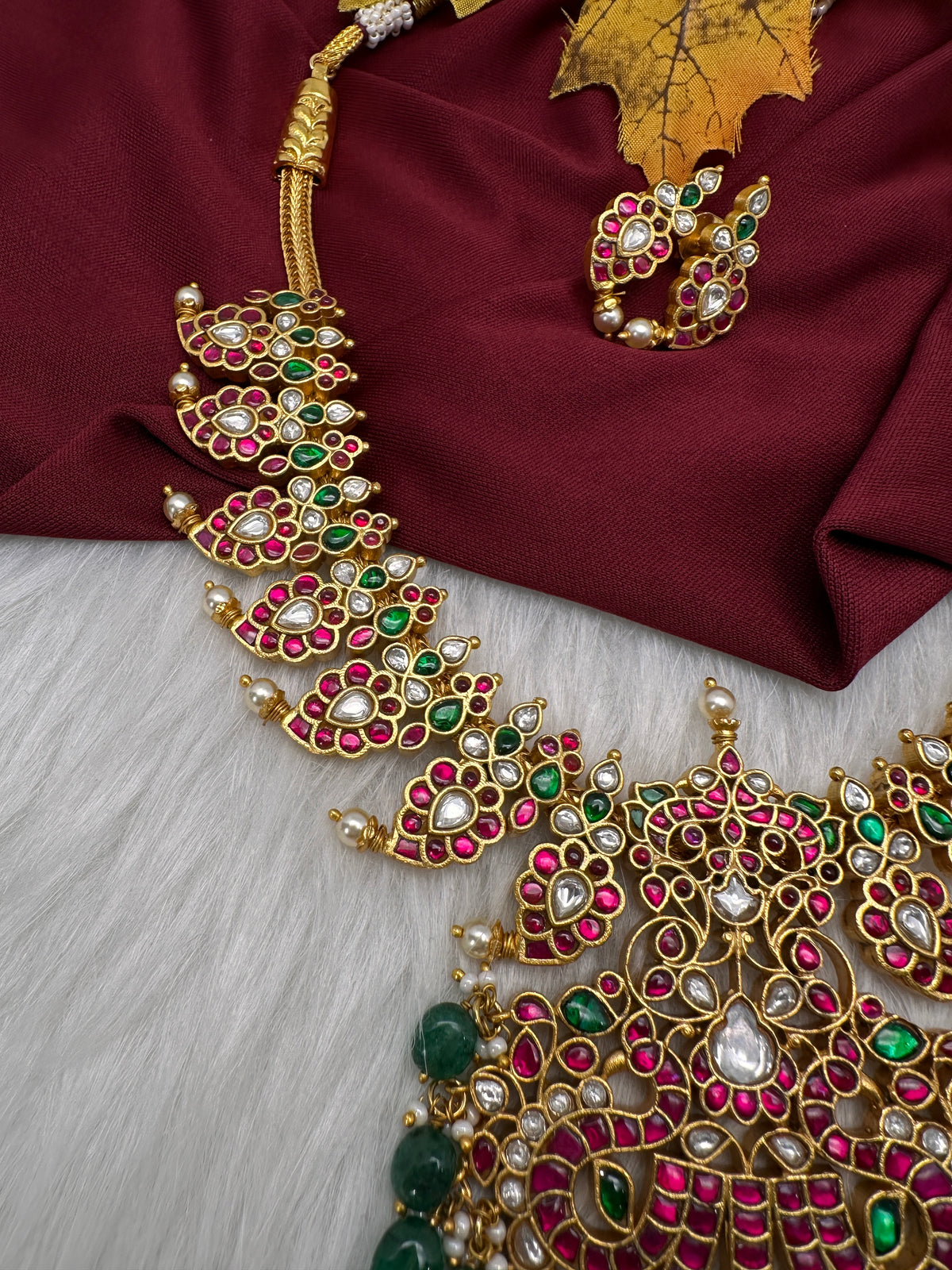 Jadau Kundan Mango Short Necklace with Stud Earrings - 