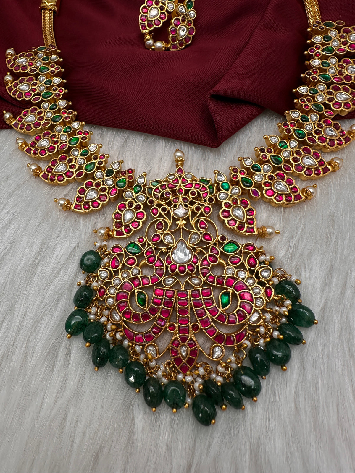 Jadau Kundan Mango Short Necklace with Stud Earrings - 