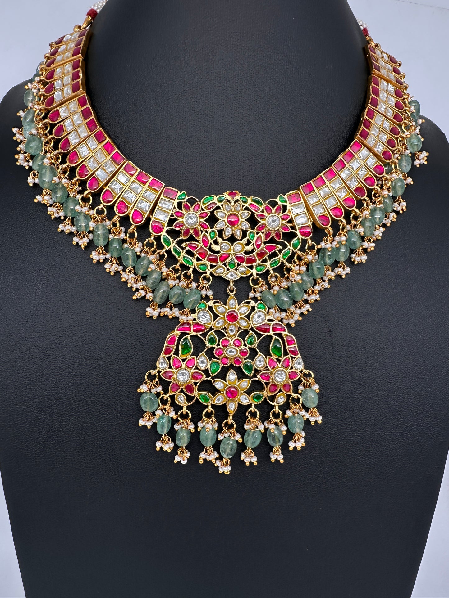 Jadau Kundan Neckline Necklace with Emerald Beads - 