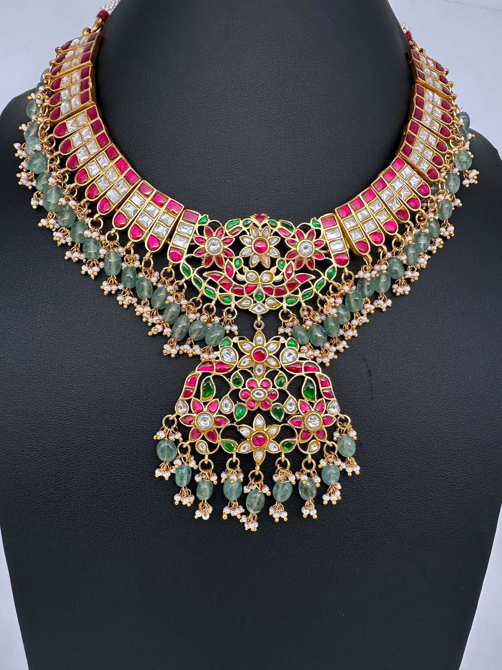 Jadau Kundan Neckline Necklace with Emerald Beads - 