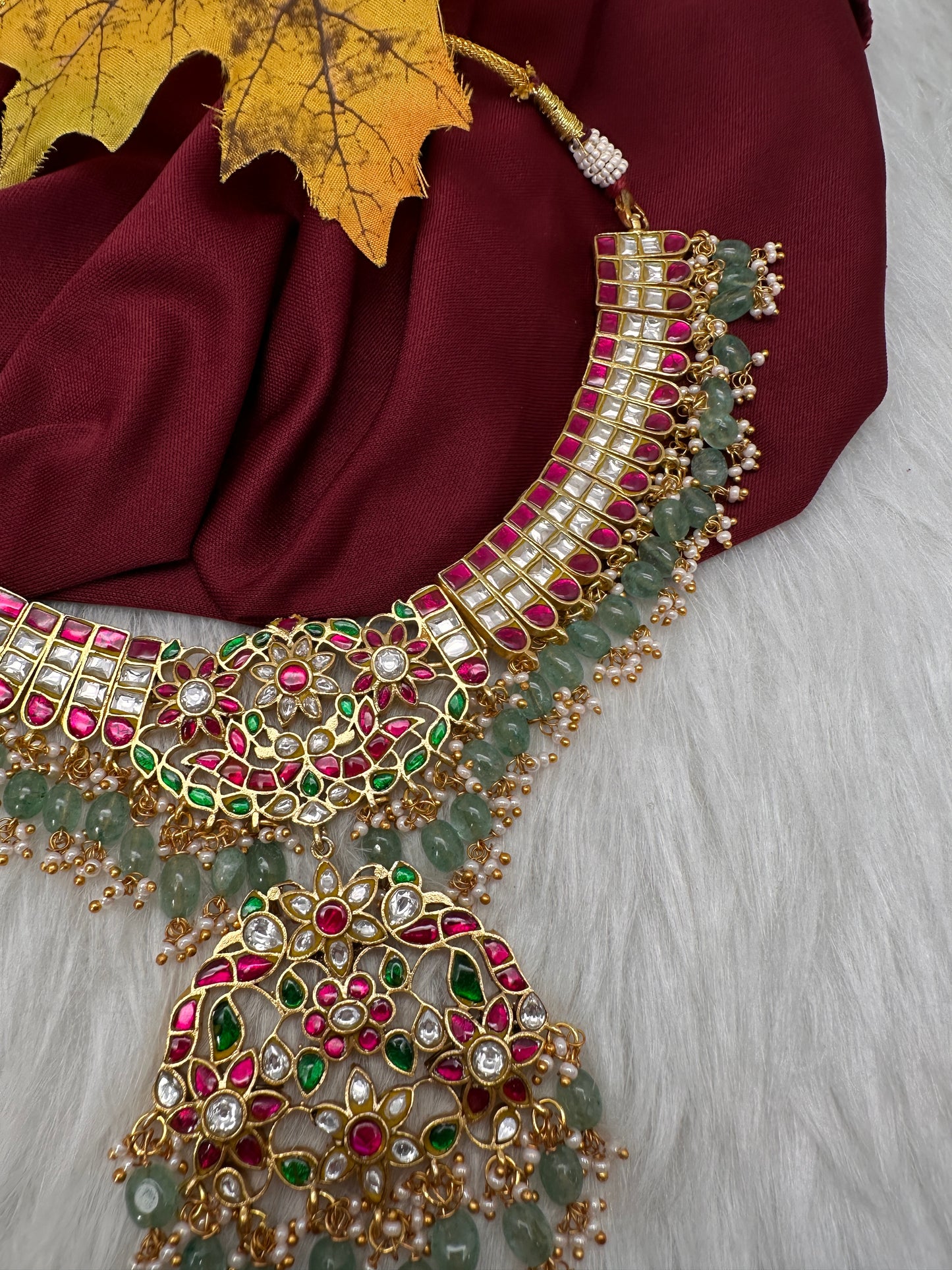 Jadau Kundan Neckline Necklace with Emerald Beads - 