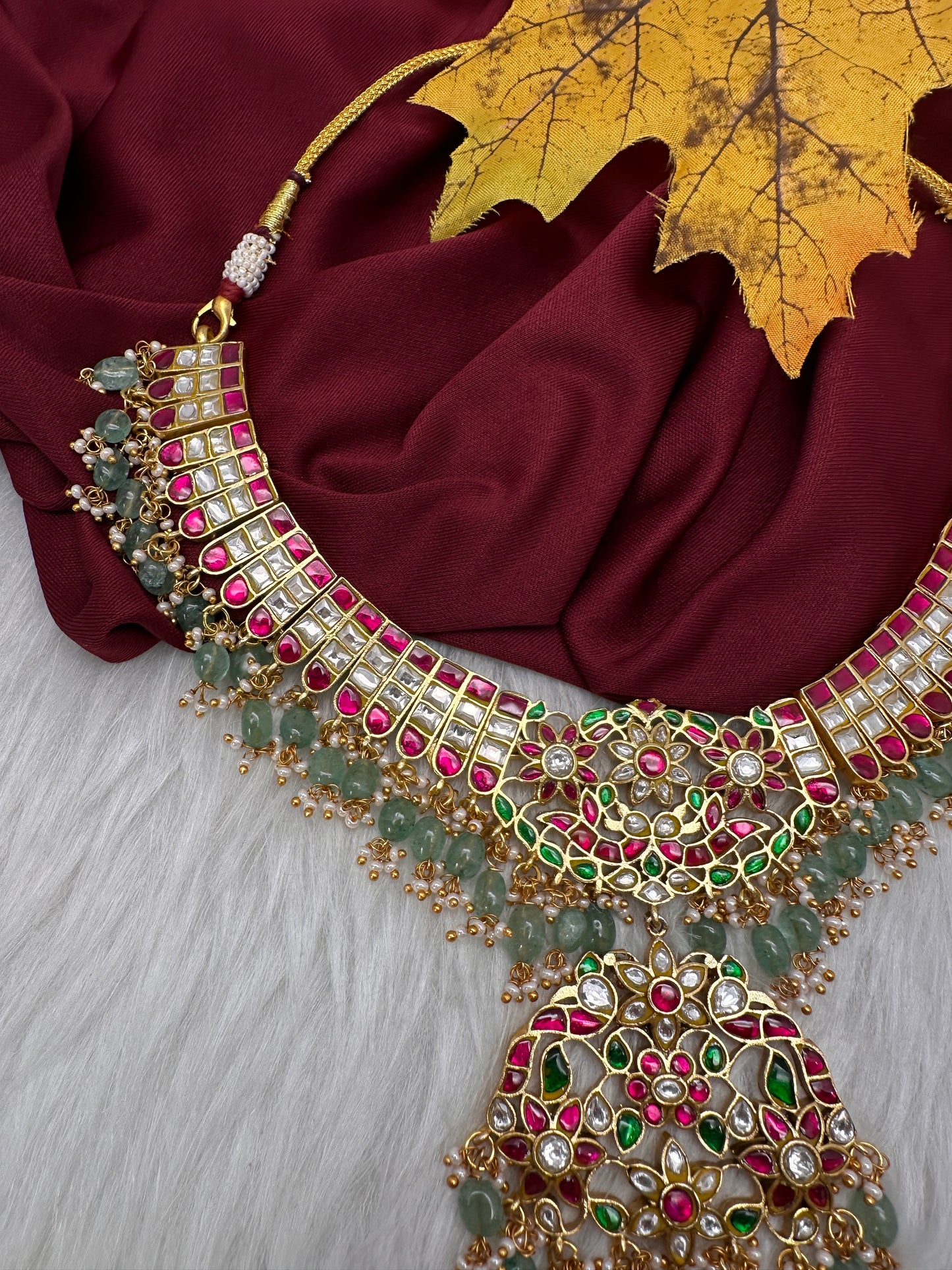 Jadau Kundan Neckline Necklace with Emerald Beads - 