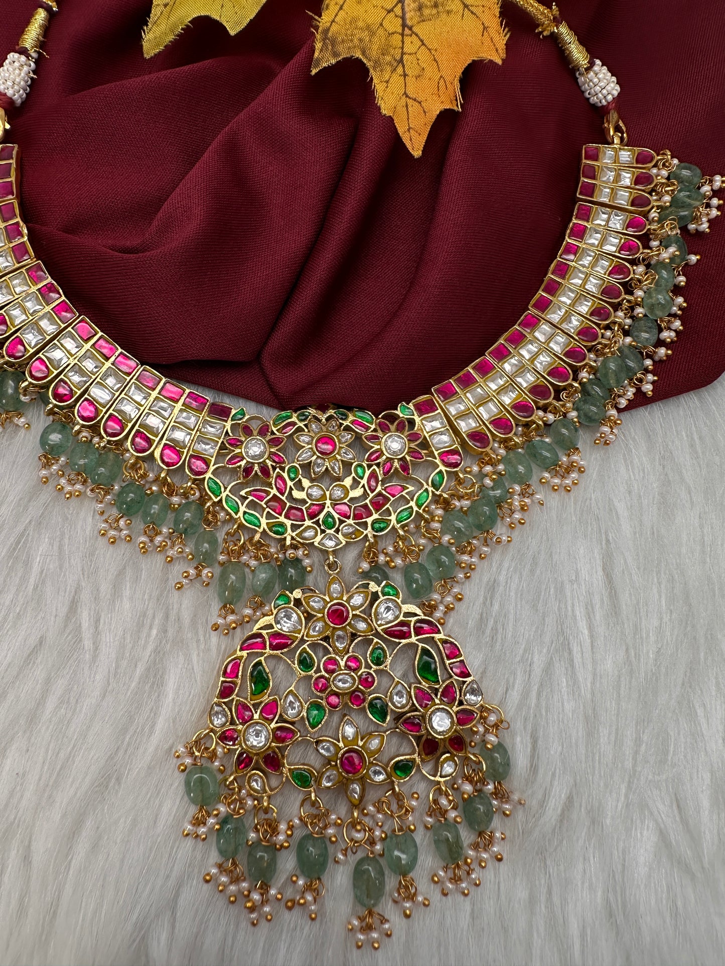 Jadau Kundan Neckline Necklace with Emerald Beads - 