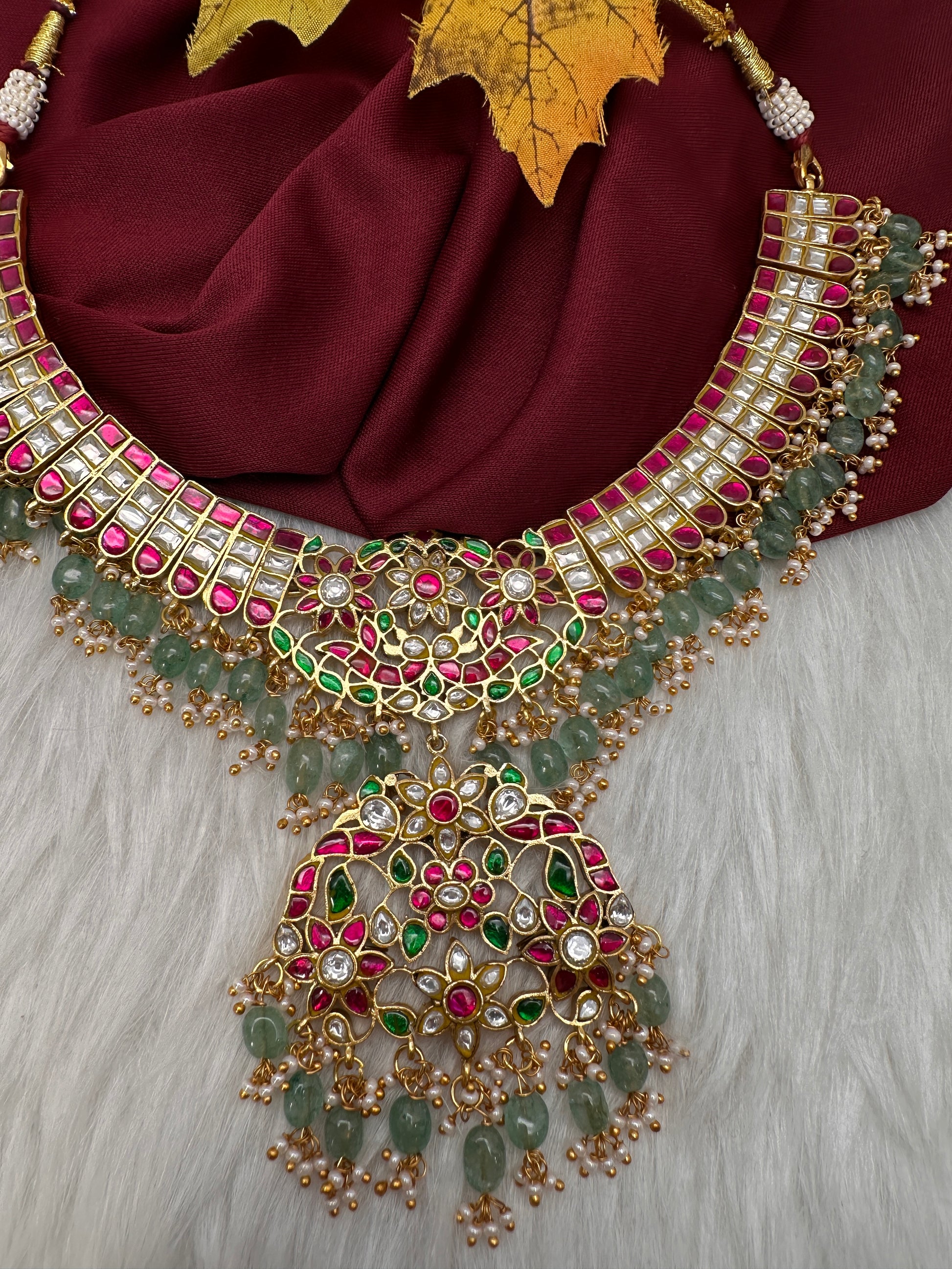 Jadau Kundan Neckline Necklace with Emerald Beads - 