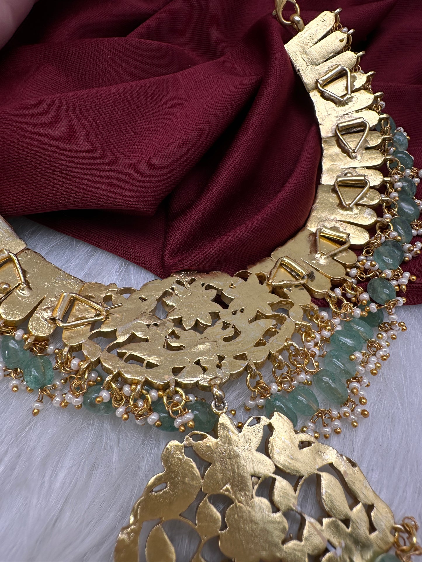 Jadau Kundan Neckline Necklace with Emerald Beads - 