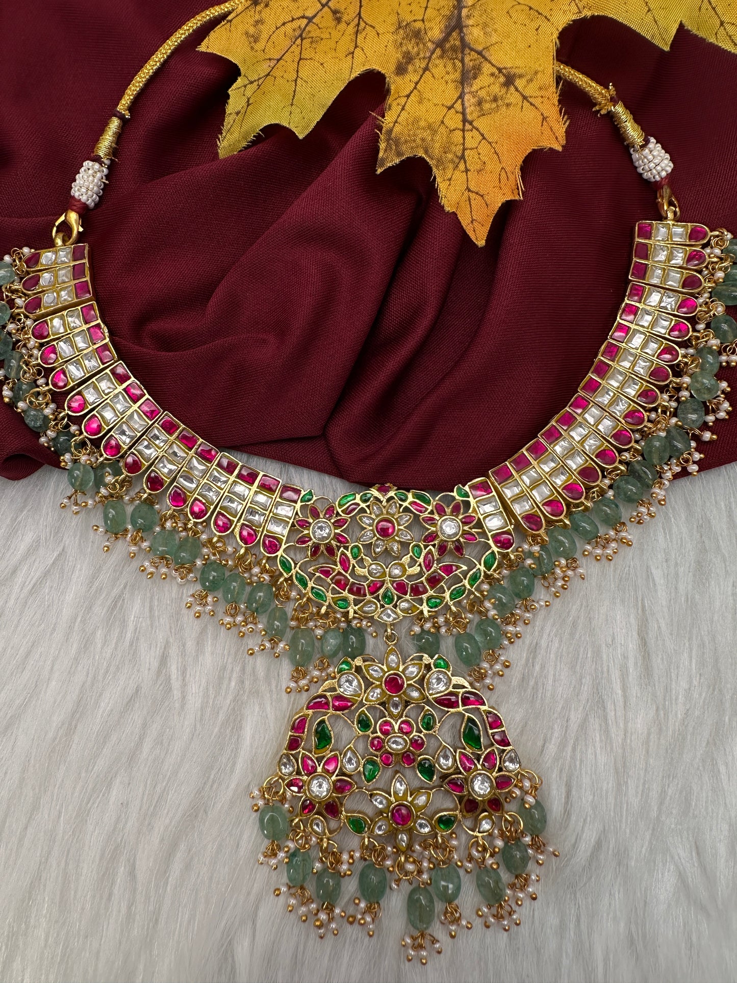 Jadau Kundan Neckline Necklace with Emerald Beads - 