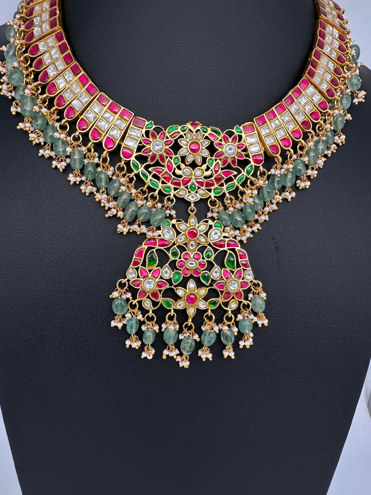 Jadau Kundan Neckline Necklace with Emerald Beads - 