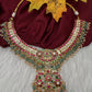 Jadau Kundan Neckline Necklace with Emerald Beads - 