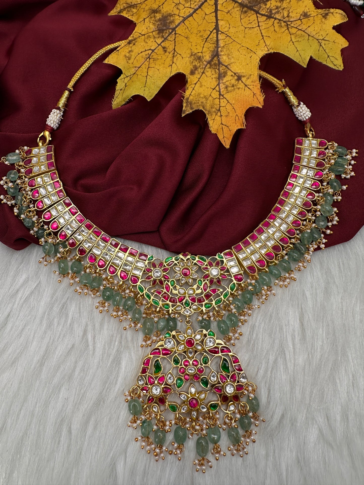 Jadau Kundan Neckline Necklace with Emerald Beads - 